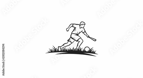 Line art of a man playing a stickball sport in grass