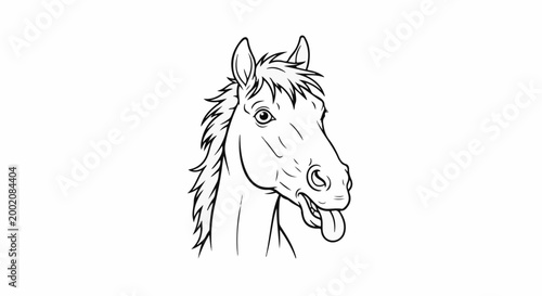 Line art of a playful horse head with its tongue sticking out