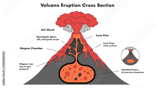 Volcano Eruption Cross Sectional Anatomy and Geological Process Diagram.eps