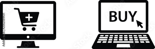 Computer monitor and laptop silhouettes with shopping cart add symbol and buy cursor icon illustration, e‑commerce artwork design professional representation