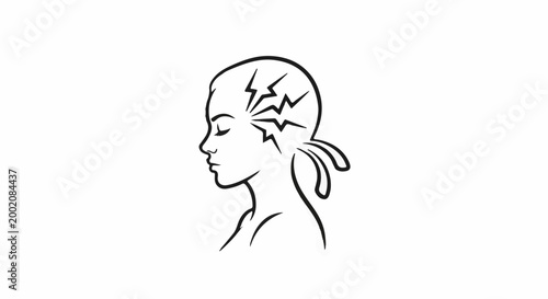 Line art of a profile silhouette of a person with lightning bolts in head