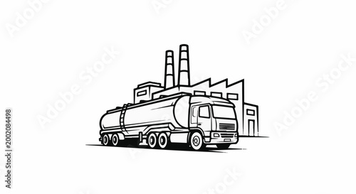 Line art of a tanker truck and factory with smokestacks