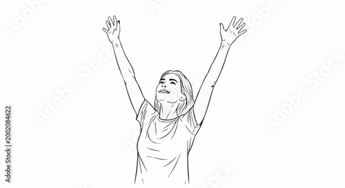 Line art of a woman with arms raised triumphantly, head tilted back
