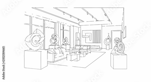 Interior scene with modern sculptures and seating in a gallery