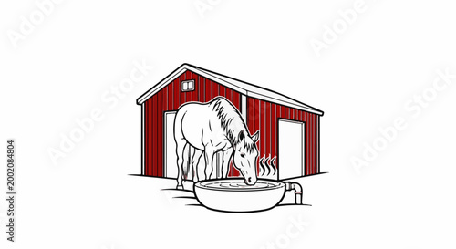 Horse drinks from heated trough outside a red barn