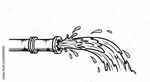 Hose pipe discharging water with splashes and droplets