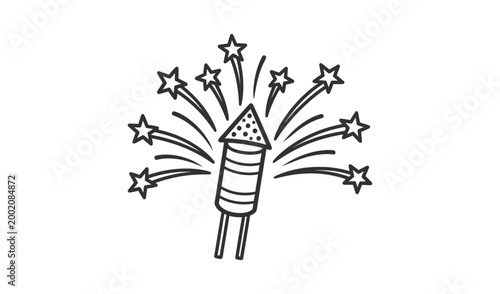 A black and white illustration of a firework exploding with stars