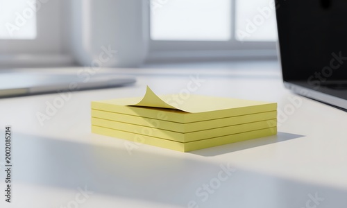Stack of yellow sticky notes on a clean white desk in an office