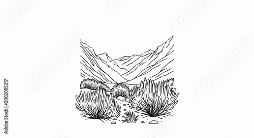 Hand-drawn sketch of a rocky valley with sparse brush and distant mountains