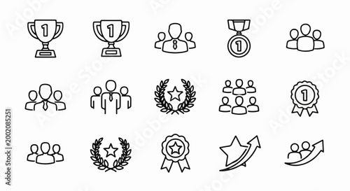 Icons representing business achievements and teamwork, including trophies, medals, and group figures