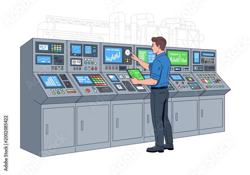 Fotografía Man operating industrial control panel system.