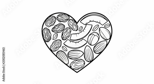 Heart shape filled with various nuts and dried fruits
