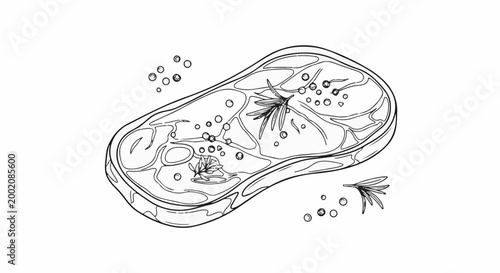 Hand-drawn steak with peppercorns and rosemary sprigs on white