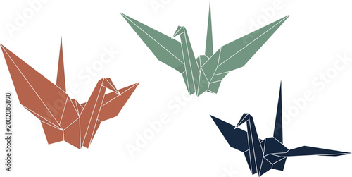 Japanese Origami Crane Vector Set - Hand-Drawn Paper Bird Illustrations: Traditional Paper Folding Art in Terracotta, Sage, and Navy Blue for Zen Branding and Decor