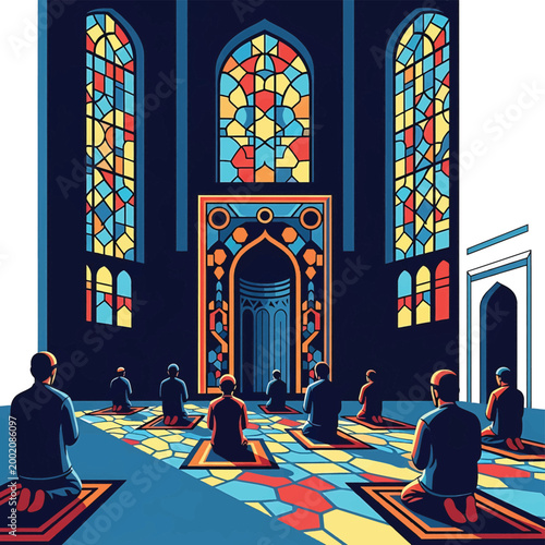 People sitting in mosque for prayer.