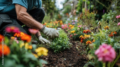 Gardener Tending to Vibrant Flower Bed in Full Bloom.