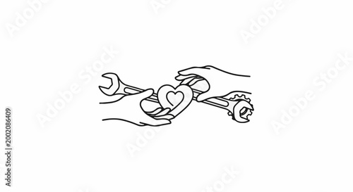 Hands holding heart surrounded by wrenches, symbol of care