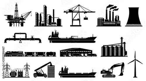 Industrial Silhouettes: Power, Shipping, Construction, and Transportation Icons