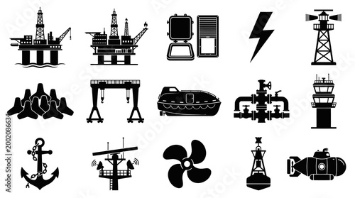 Maritime Industry Icons: Offshore Platforms, Ships, Anchor, Lighthouse, Buoy, Submarine