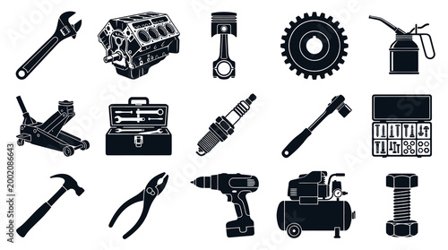 Automotive Mechanic Tools  Car Parts Glyph Icons Set: Engine, Wrench, Jack, Spark Plug