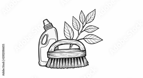 Illustration of a cleaning bottle, brush, and plant branch