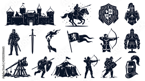 Medieval Knights Castle Weapons and Armor - Black and White Vector Graphics