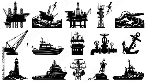 Marine and Offshore Industry Icons: Ships, Cranes, Oil Rigs, Buoys, Anchor, Lighthouse