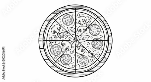 Line art of a circular pizza with toppings on a wooden board