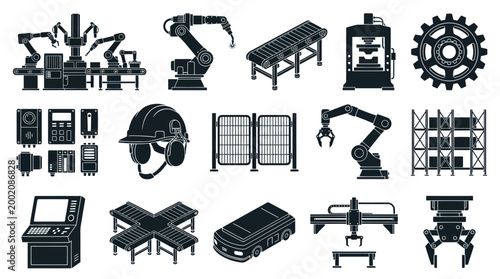 Industrial Automation Icons: Robotic Arms, Conveyors, Machinery, Safety Equipment