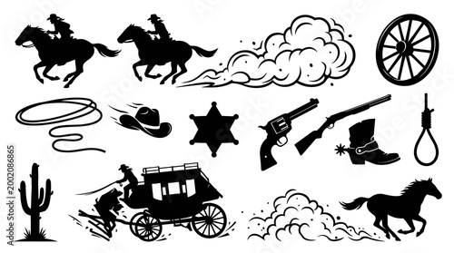 Wild West Icons: Cowboys, Horses, Stagecoach, Guns, Sheriff Star, Lasso, Boot