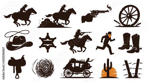 Wild West Cowboy Icons Set, Vector Silhouette Style