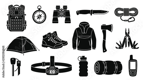 Outdoor Adventure Camping and Hiking Gear Equipment Icons Set Black White Glyph Style