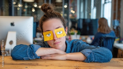 Woman with Post-it Notes on Eyes Pretending to Sleep at Desk.
