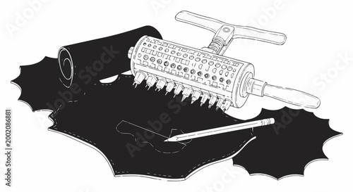 Leather crafting tool, material, and marking implement shown