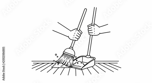 Hands sweep debris into a dustpan on a slatted surface