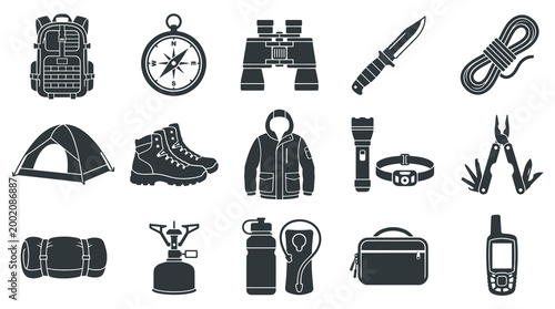 Outdoor adventure gear icons: Backpack, compass, binoculars, knife, rope, tent, boots, jacket