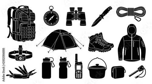 Outdoor Camping Gear Vector Icons: Backpack, Tent, Boots, Knife