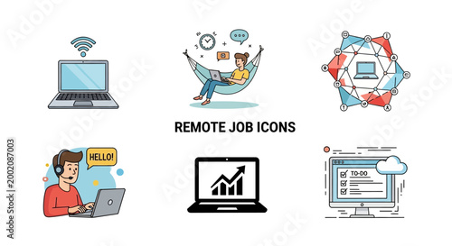 Set of remote job icons featuring laptops people working from home and digital productivity management tools.