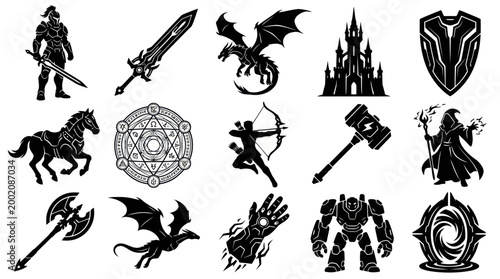 Fantasy Gaming RPG Icons: Black  White Silhouette Set with Medieval  Magic Elements