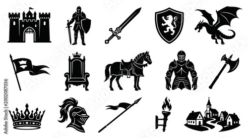 Medieval Fantasy History Glyph Icons Collection. Knight, Castle, Dragon Silhouette Vector Set