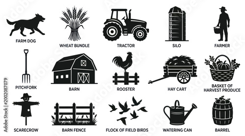 Farm and Agriculture Icons: Tractor, Barn, Scarecrow, Farmer, Dog, Rooster, Silo, Hay Cart