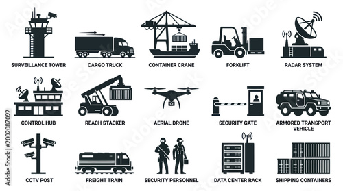 Security and Logistics Icons: Surveillance, Transport, and Control Systems Glyph Art