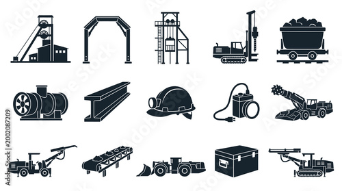Mining Industry Icons: Equipment, Gear, and Vehicles - Black Glyph Art
