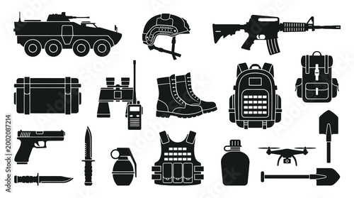 Military Equipment Icons Set - Vector Black  White Icons