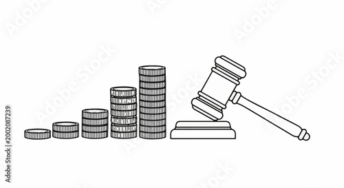Legal auction hammer and stacks of coins symbolizing finance and justice