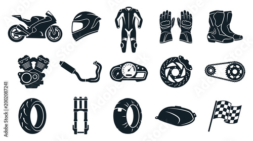 Motorcycle Parts and Gear Icons: Black and White Glyph Style