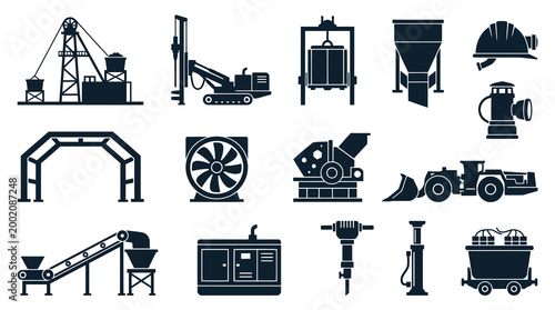 Mining Industry Equipment Icons - Glyph Style Set