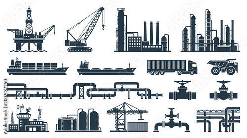 Industrial Infrastructure and Energy Logistics Glyph Icon Set