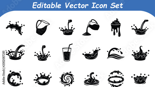 Editable vector icon set: liquid splashes and drinks with beverage, illustration