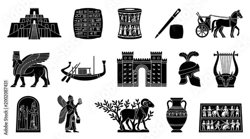 Ancient Mesopotamian Symbols: Ziggurat, Glyphs, Chariot, Lamassu, Lyre, Art